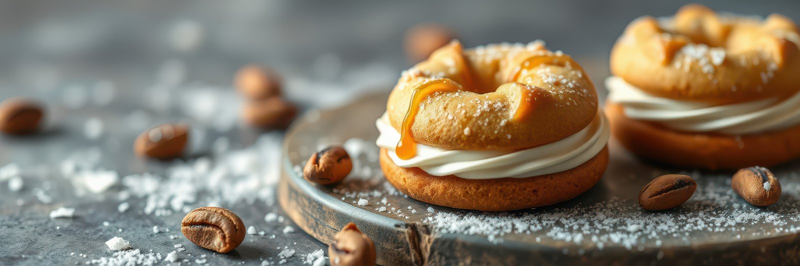 Delicious cream-filled cookies on a rustic wooden board with scattered coffee beans and sugar